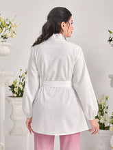 Modely Frill Trim Lantern Sleeve Belted Blouse